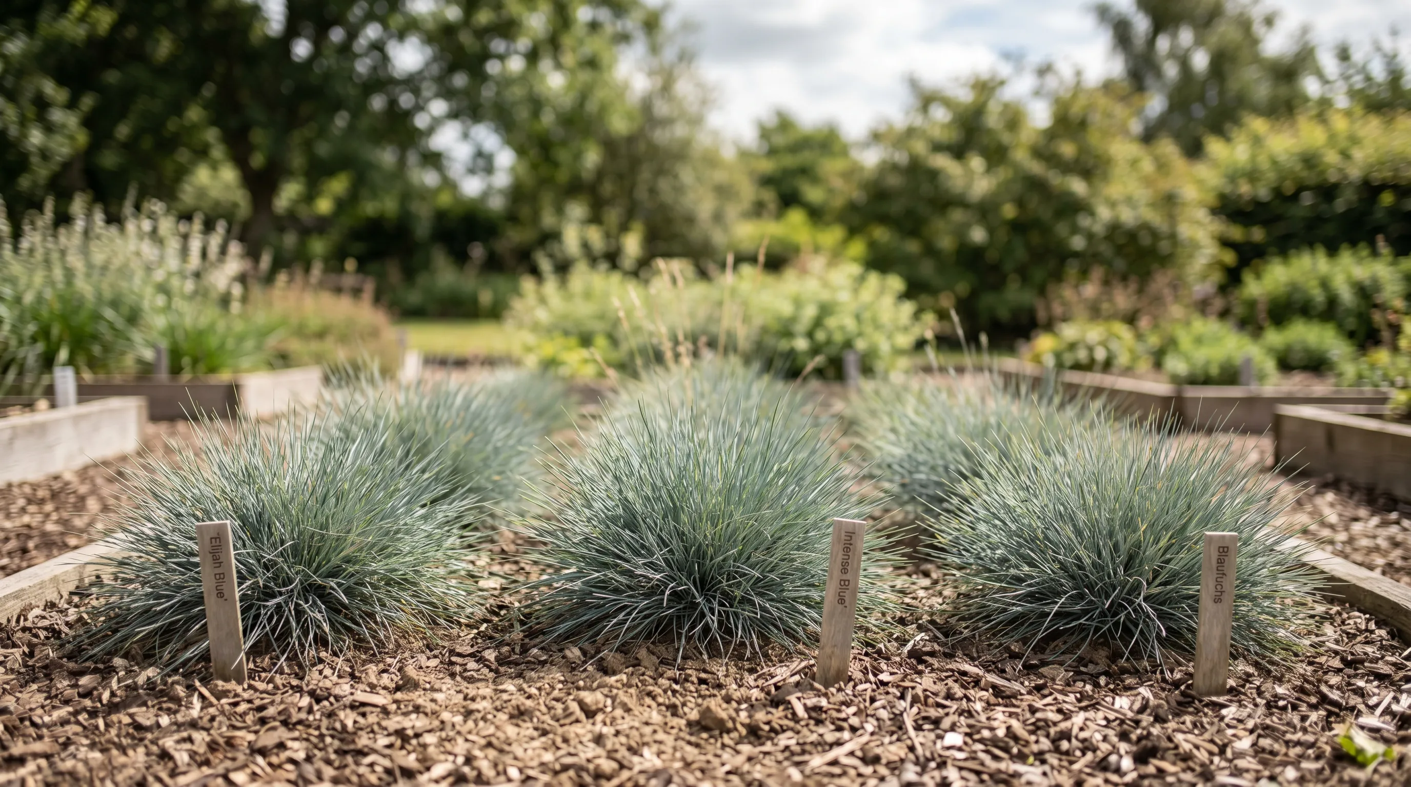 Three festuca cultivars Elijah Blue Intense Blue and Blaufuchs side by side in UK trial bed showing colour differences