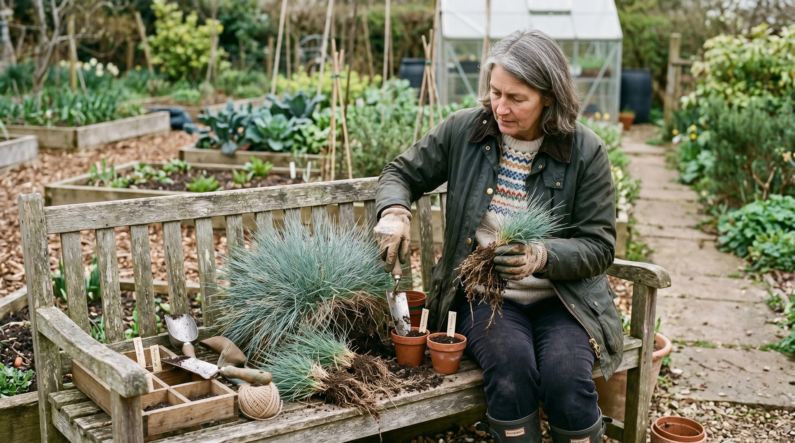 UK gardener dividing festuca glauca clump in early spring with rooted sections ready for replanting