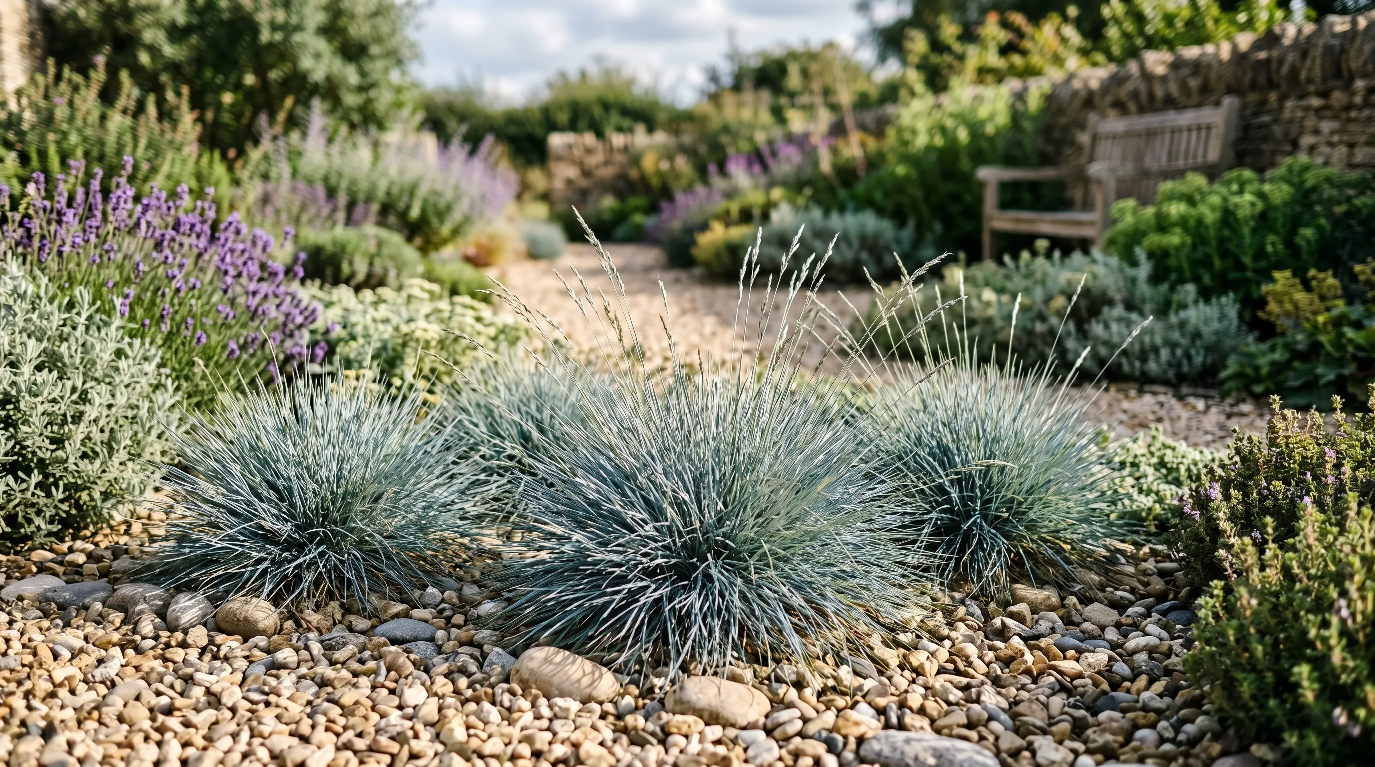 Festuca glauca blue fescue showing silvery-blue spiky foliage clumps in a UK gravel garden in summer