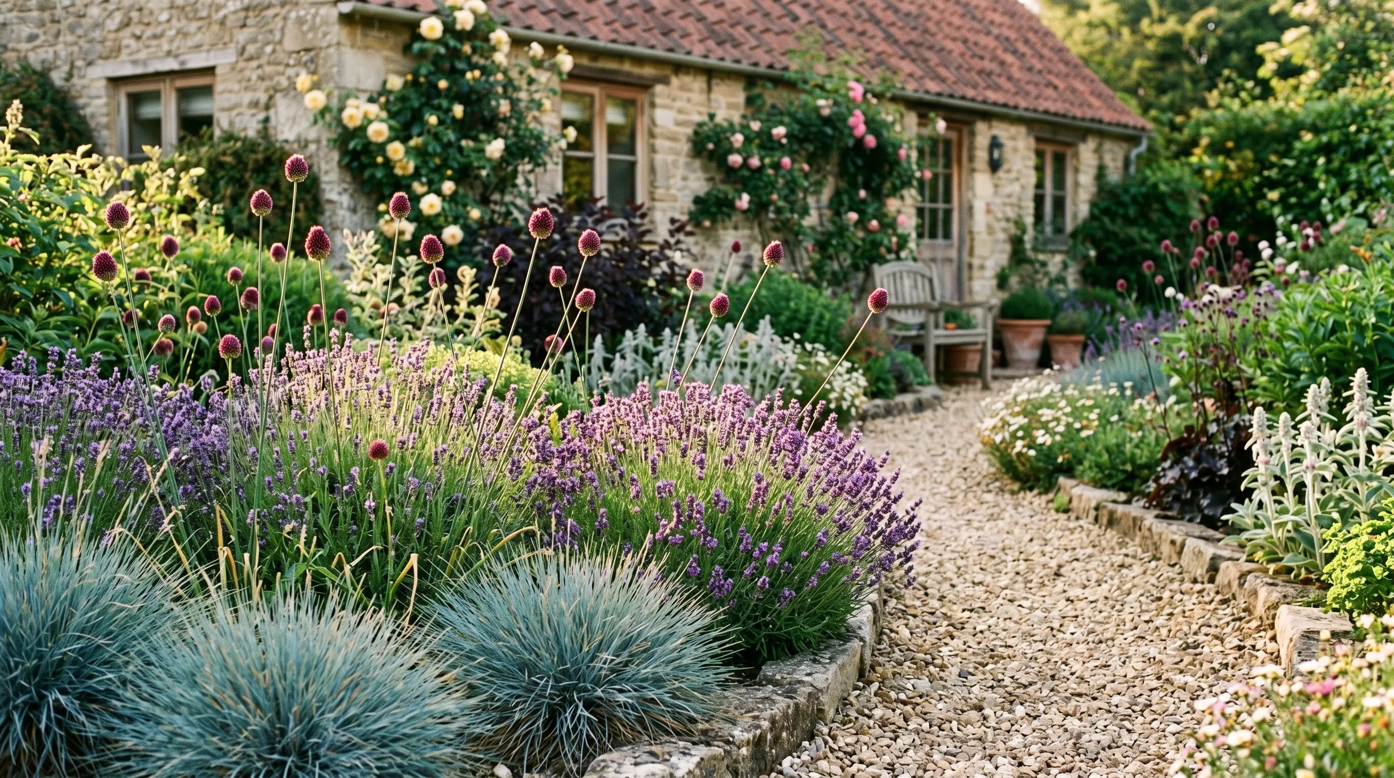 Mediterranean style UK gravel garden featuring festuca blue fescue with allium drumsticks and lavender summer planting