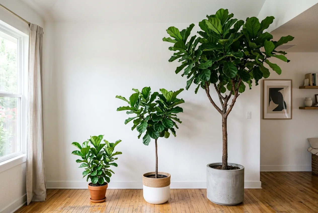 Three fiddle-leaf fig sizes showing bush form, standard, and tall tree growth stages