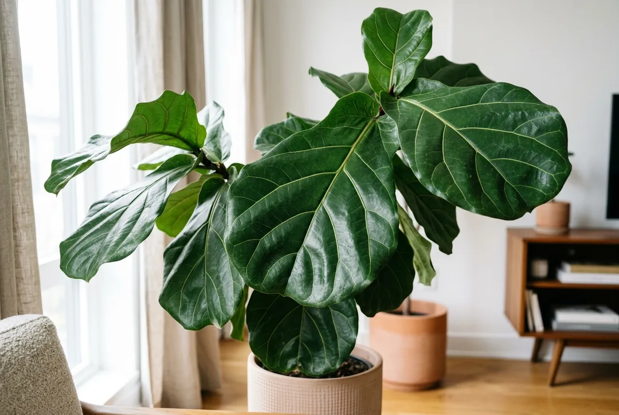 Fiddle-leaf fig leaves showing distinctive violin-shaped foliage in bright indirect light