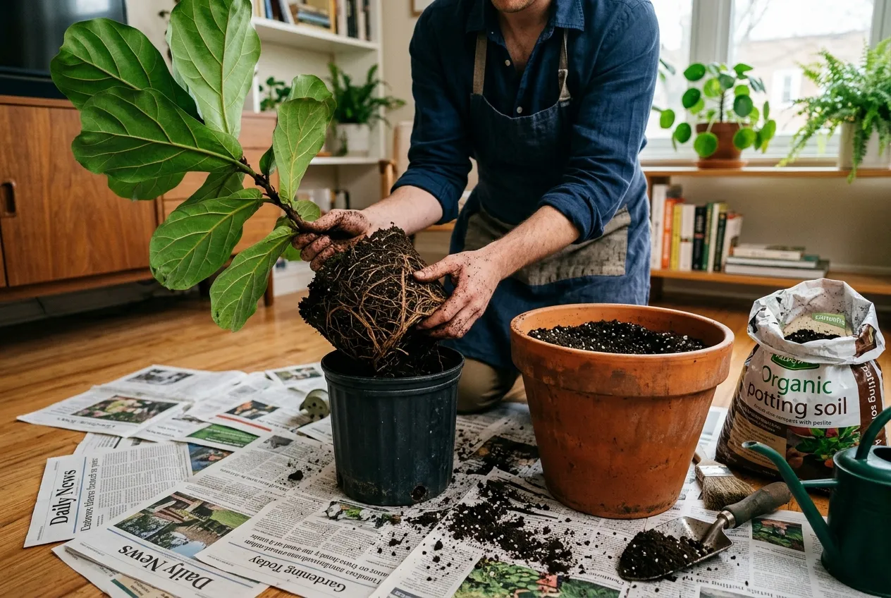 Fiddle-leaf fig being repotted with fresh compost and a larger terracotta pot