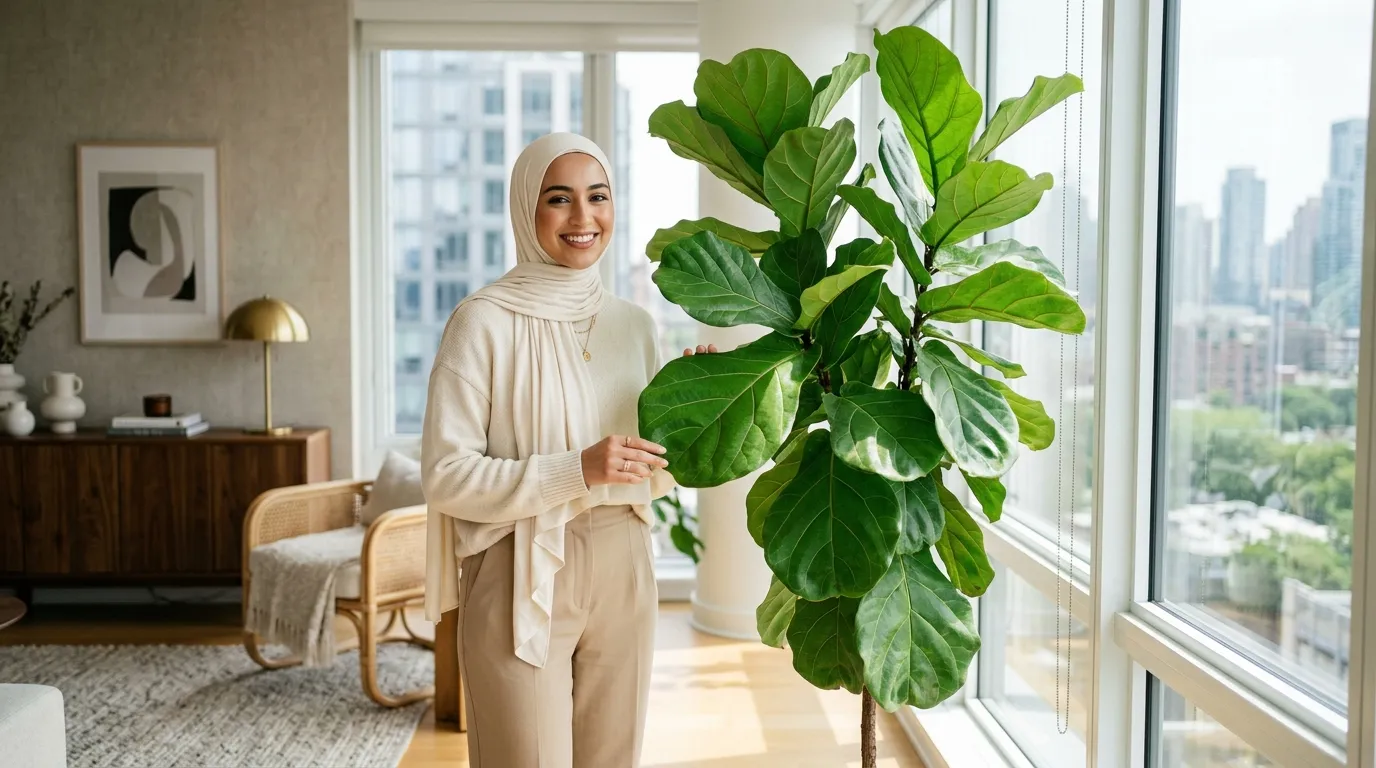 Fiddle-leaf fig UK growing in bright modern apartment with large violin-shaped leaves