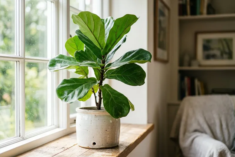 Fiddle Leaf Fig (Ficus lyrata) growing in a UK garden