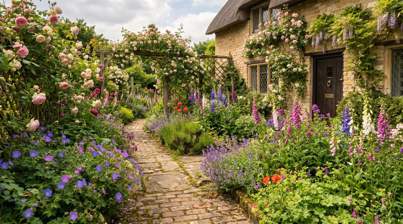 A romantic English cottage garden in full summer flower with roses and perennials spilling over a brick path
