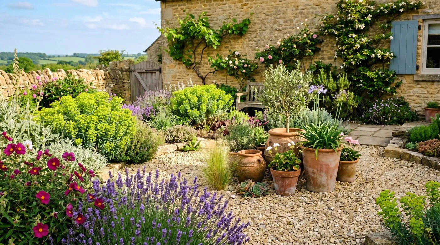 A sunny Mediterranean gravel garden in a UK setting with lavender, euphorbia and terracotta pots
