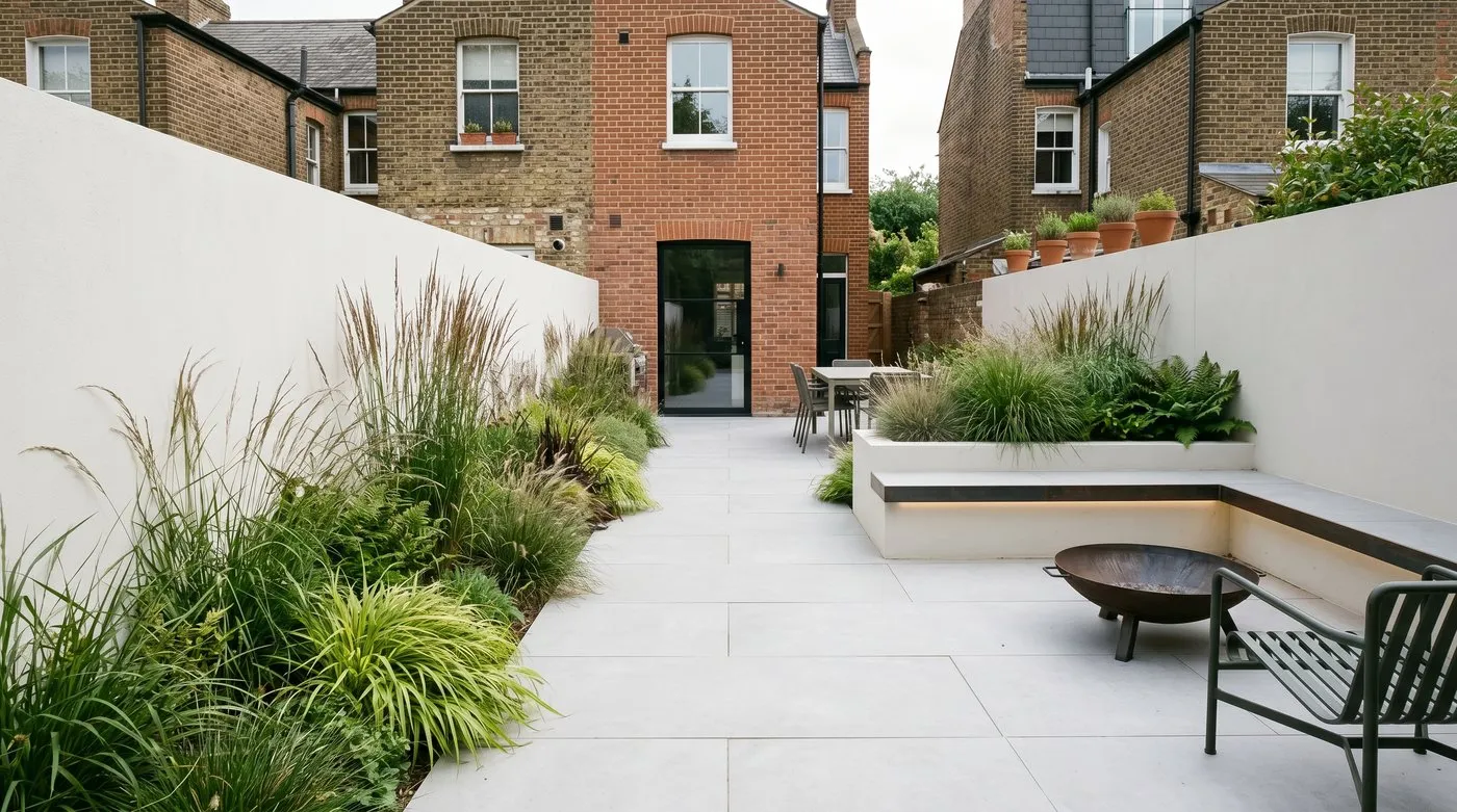 A contemporary minimalist UK garden with clean paving lines, architectural grasses and a limited planting palette
