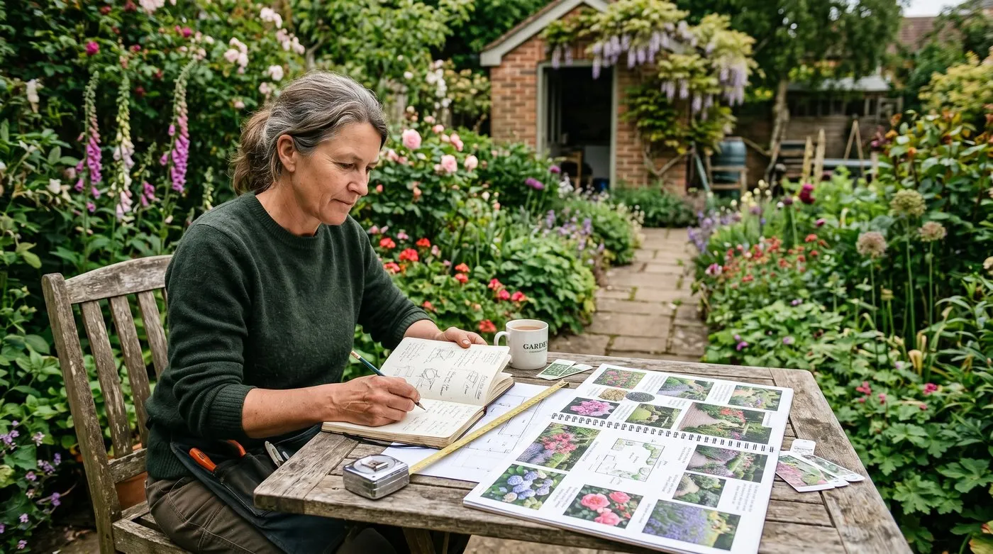 A gardener with a notebook and a moodboard of garden images planning a design in a UK garden