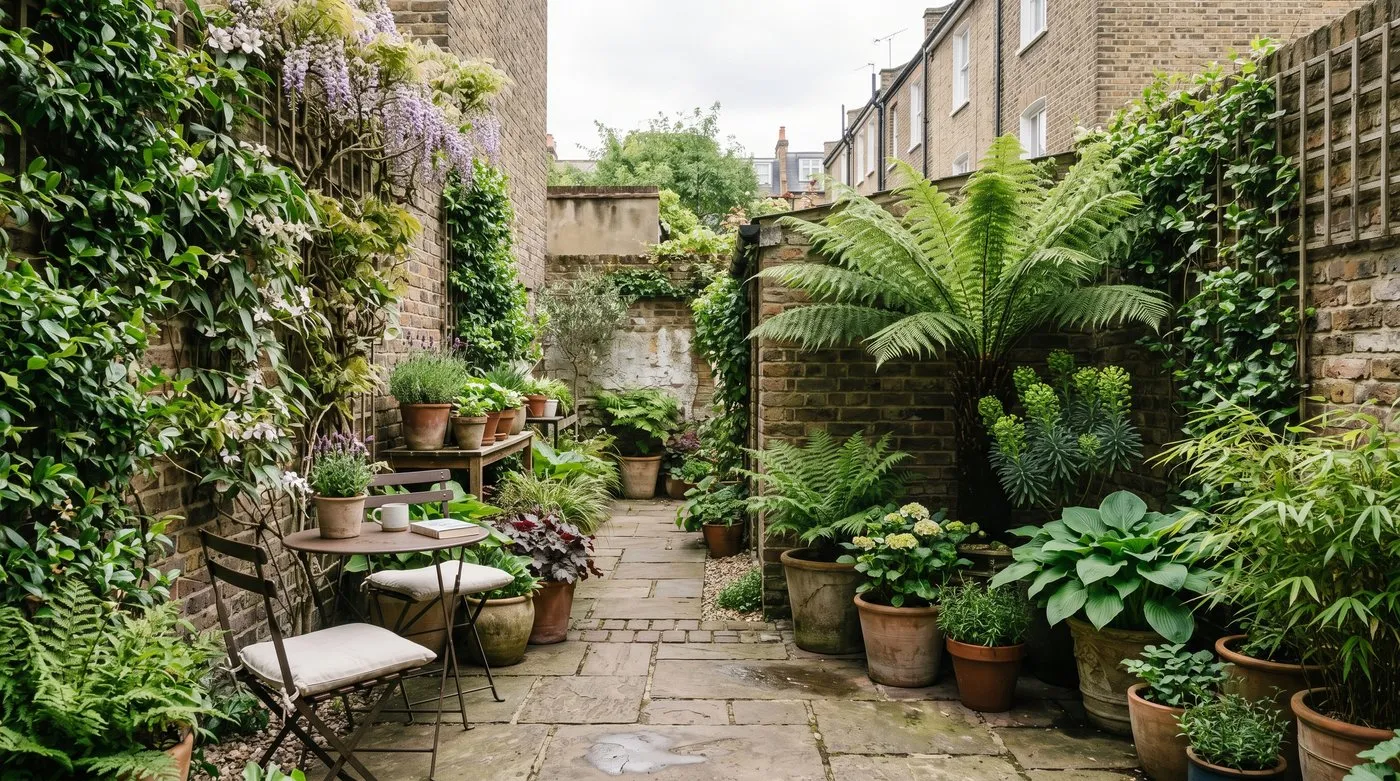 A small enclosed UK courtyard garden worked vertically with climbers, pots and a few bold plants