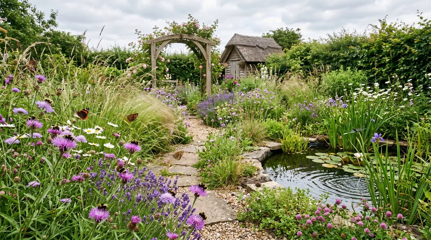 A naturalistic UK wildlife garden with nectar-rich planting, long grass and a small pond buzzing with insects