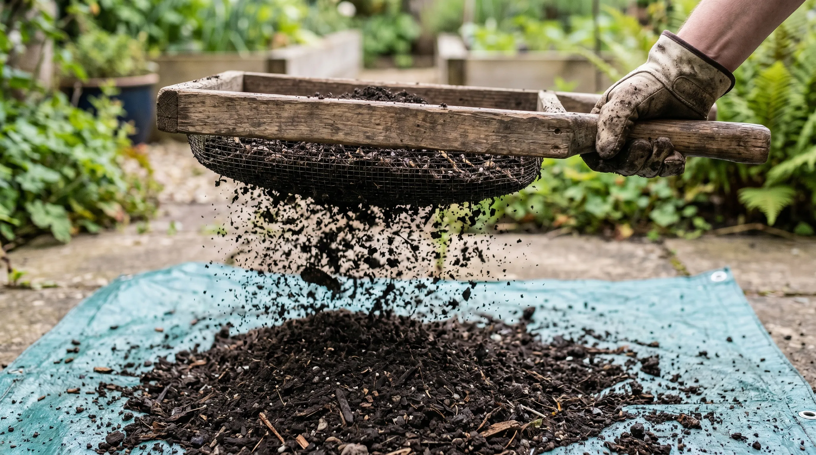Finished dark crumbly garden compost being sieved through a wooden garden riddle onto a tarpaulin showing the dark fragments falling through the mesh