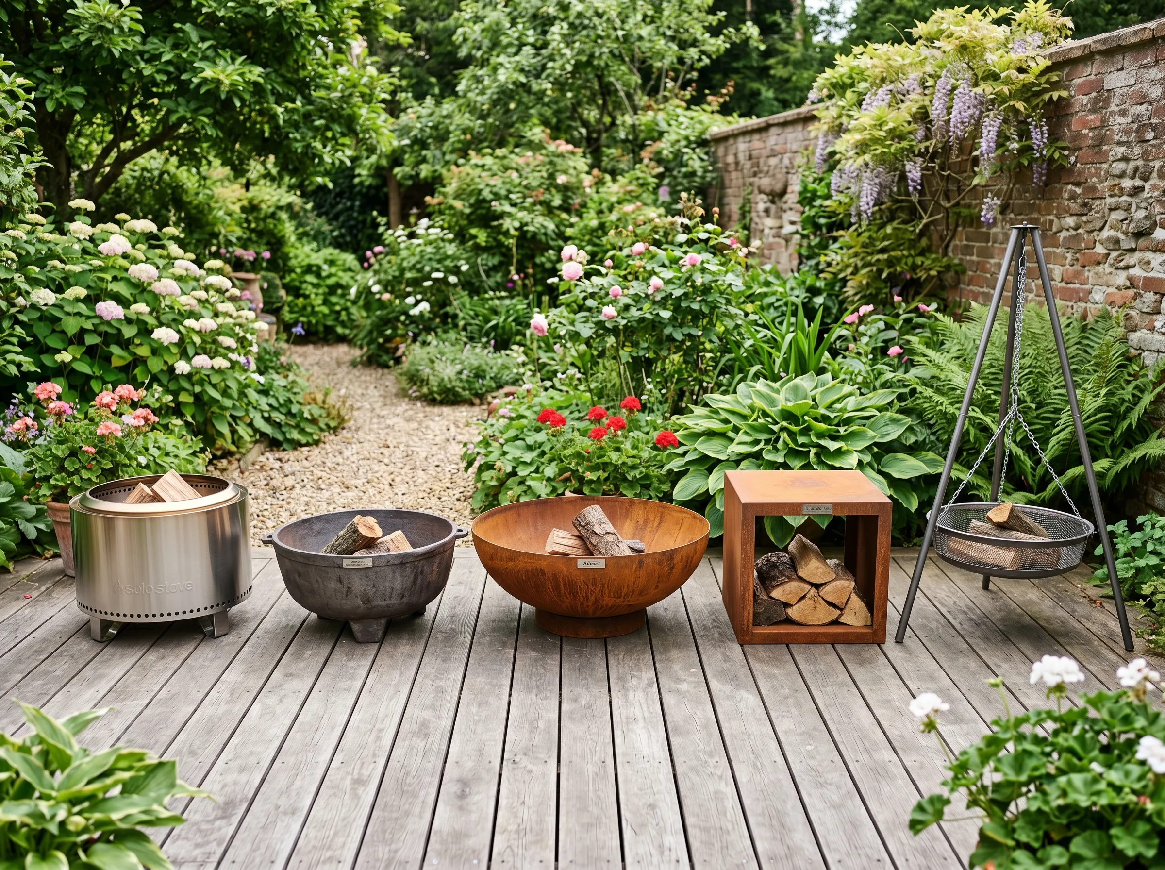 Five UK garden fire pits photographed side by side on a wooden deck showing a stainless steel bowl, a cast iron bowl, a corten steel bowl, a corten steel cube and a tripod fire pit at the same scale for comparison