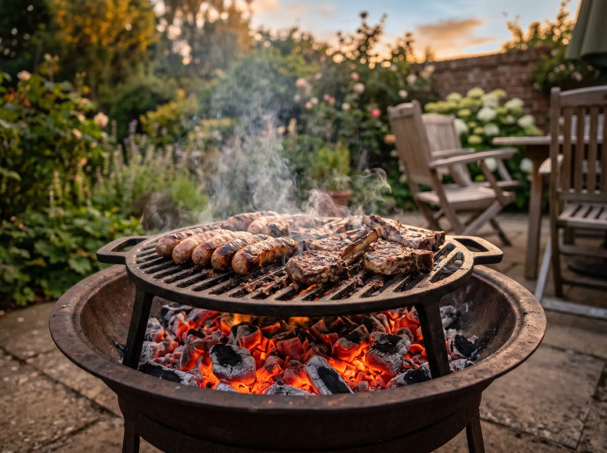 UK garden fire pit with a cast iron cooking grate fitted on top, sausages and lamb chops grilling over glowing embers, evening light, garden chairs nearby
