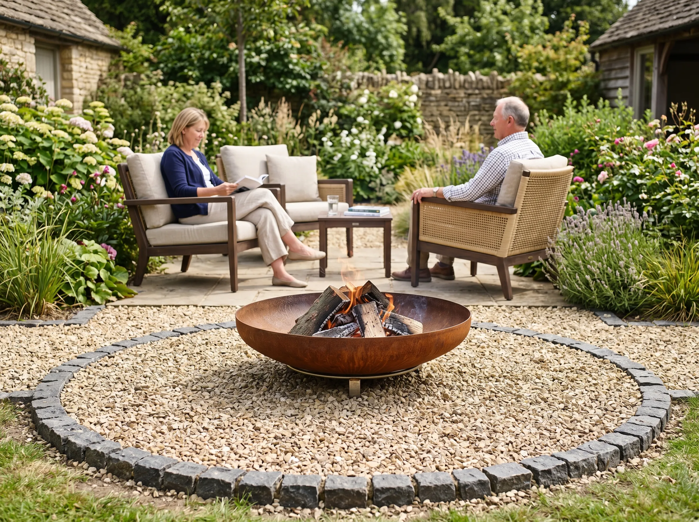 UK patio with a corten steel fire pit standing on a pea gravel base extending 50cm past the bowl on all sides, edged in stone, three garden chairs arranged around at safe distance