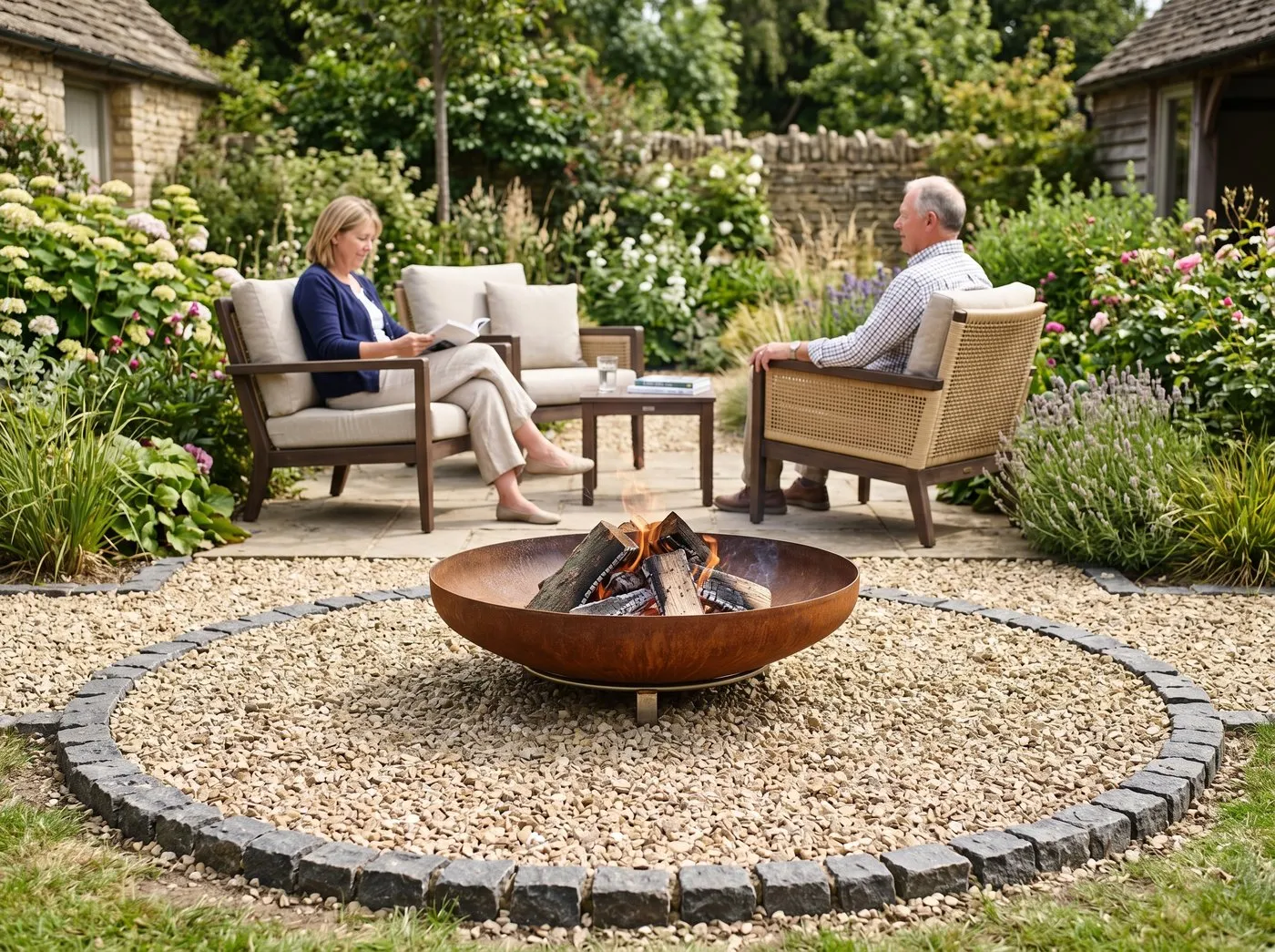 UK patio with a corten steel fire pit standing on a pea gravel base extending 50cm past the bowl on all sides, edged in stone, three garden chairs arranged around at safe distance