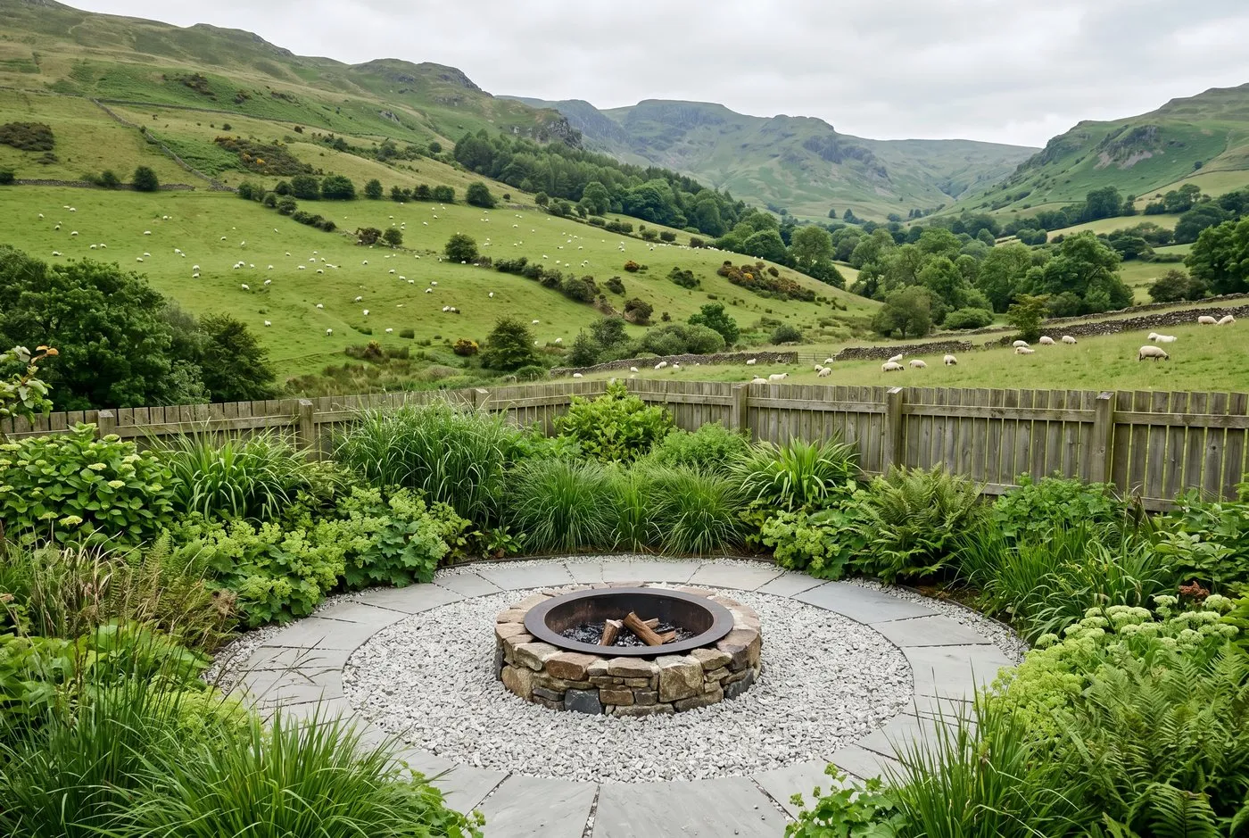 A clearance-zone layout around a lit fire pit in a UK garden, showing a 2-3 metre ring of pale gravel and paving separating the flame from green planting and a timber fence well beyond