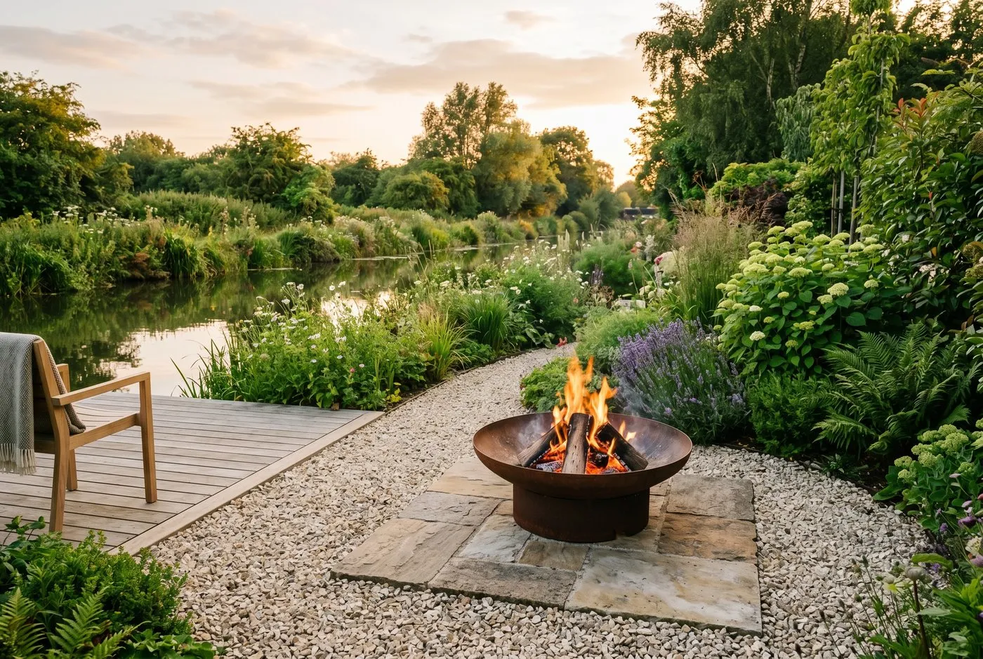 A real UK patio fire pit lit on a calm summer evening, set on a paved hearth with a gravel surround and green moisture-rich planting beyond, people seated safely back from controlled flames