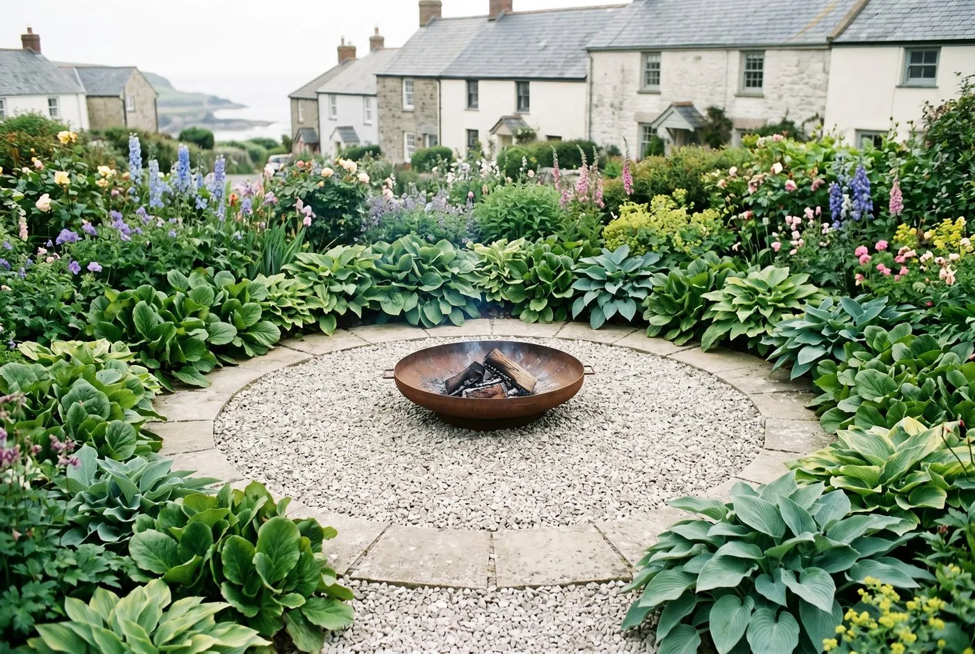 A technical clearance-zone layout scene of a UK patio fire pit, with concentric rings of gravel, low green planting and normal borders beyond, photographed in soft natural light