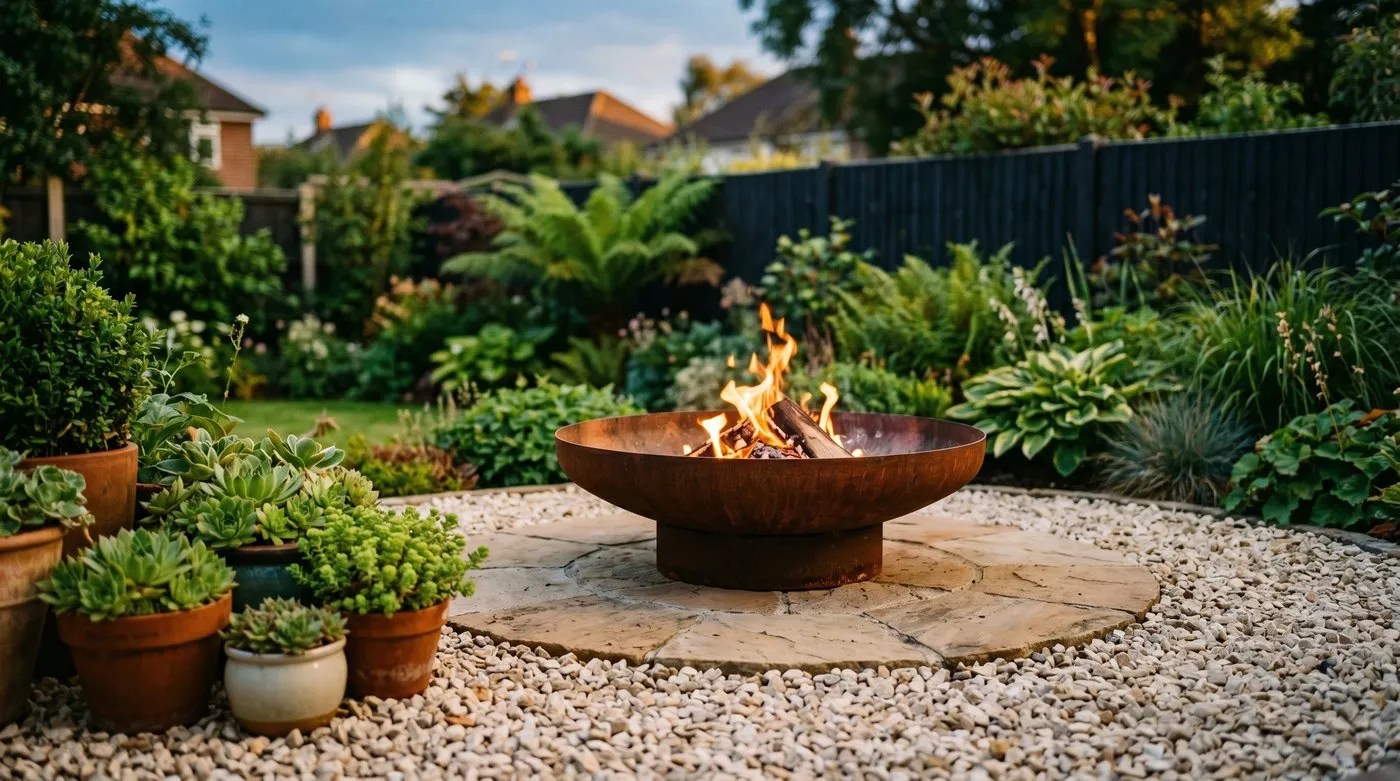 Fire-resistant planting around a UK fire pit: a gravel clear zone and potted succulents ringing a lit steel bowl at dusk