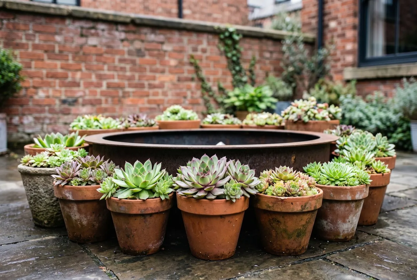 Pots of green sempervivum and sedum succulents ringing the edge of a fire pit on a UK patio, fleshy rosettes holding high water content as a heat-tolerant planting ring