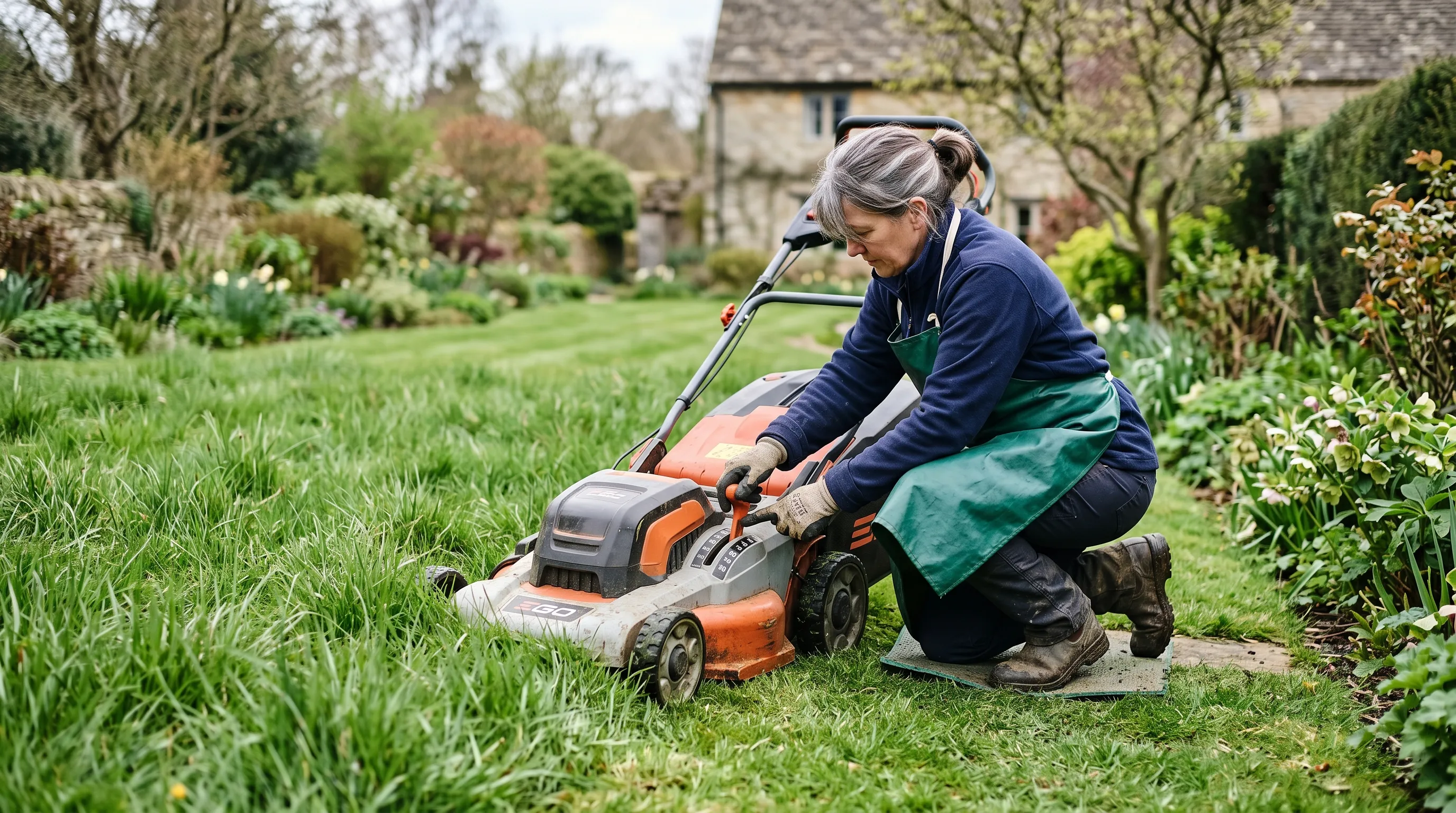 A UK gardener adjusting the blade height on a rotary mower to 55mm before the first spring cut, with the mower visible on a lawn showing 70mm tall winter grass