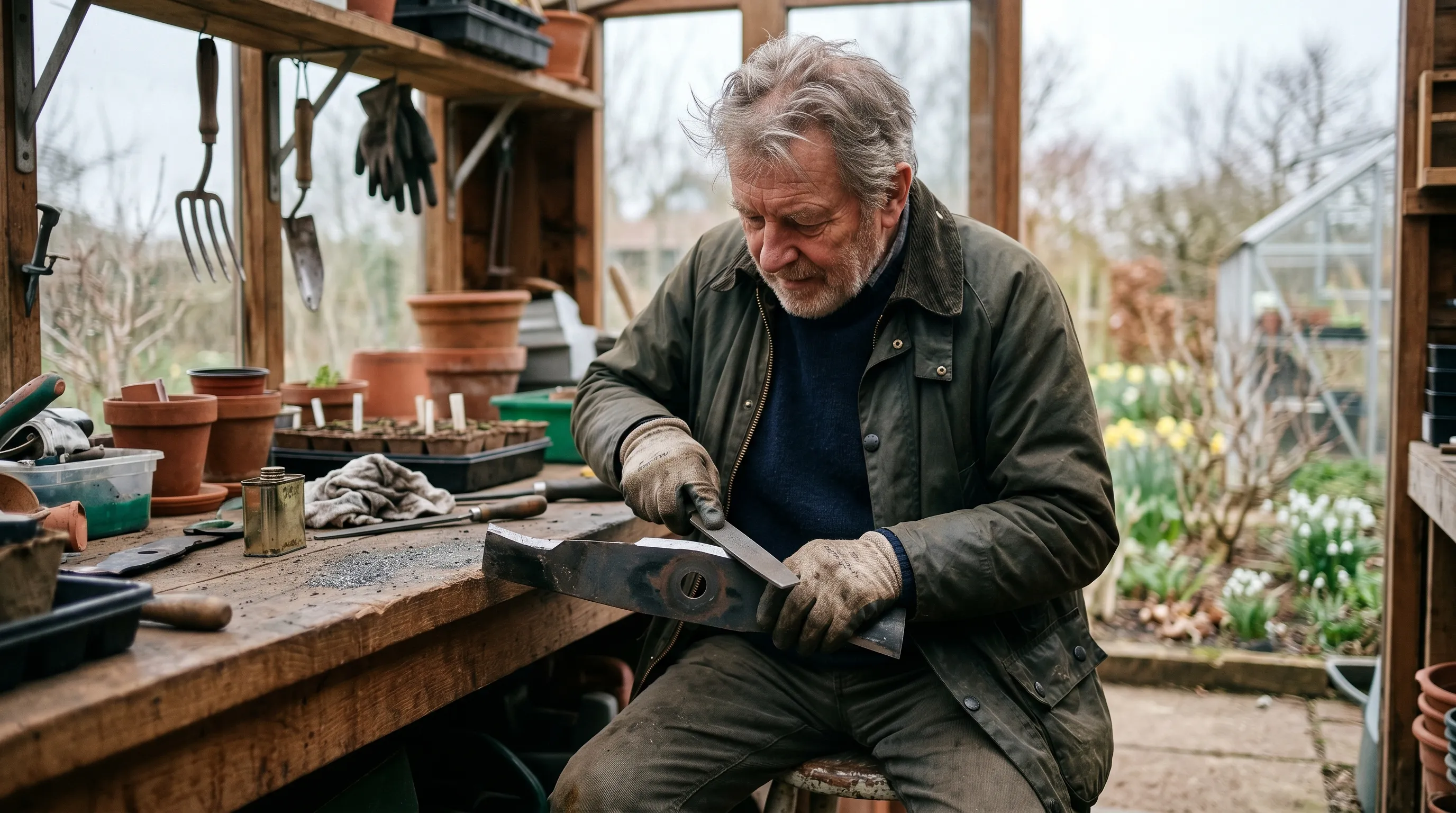 A UK gardener sharpening a rotary mower blade with a flat file on a workbench in early March, with the blade off the mower and the gardener checking the angle