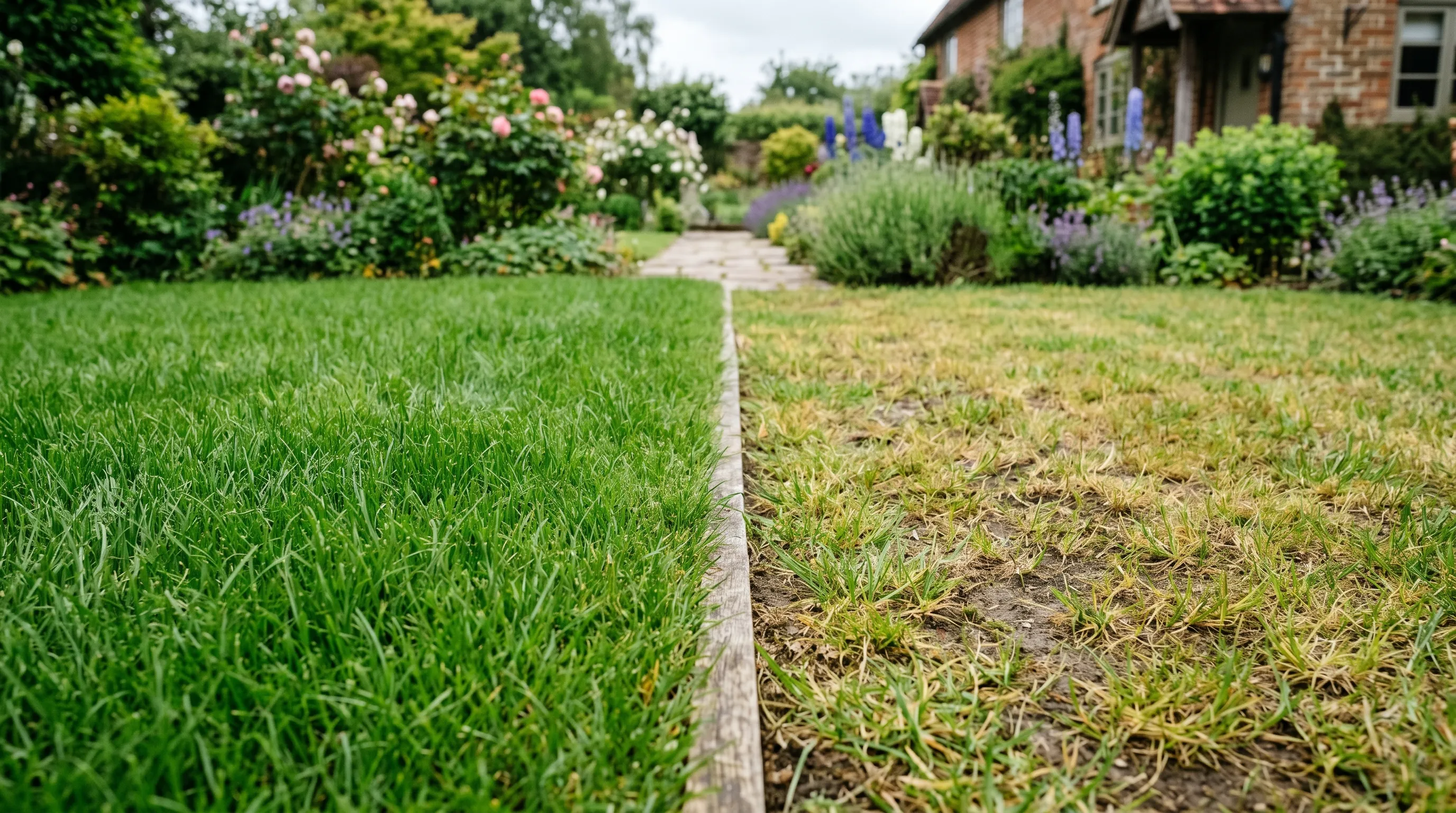 A diagnostic comparison of two UK lawns in mid-June, the left following the proper first-cut routine showing dense even grass, the right cut too early and too short showing patchy thin growth