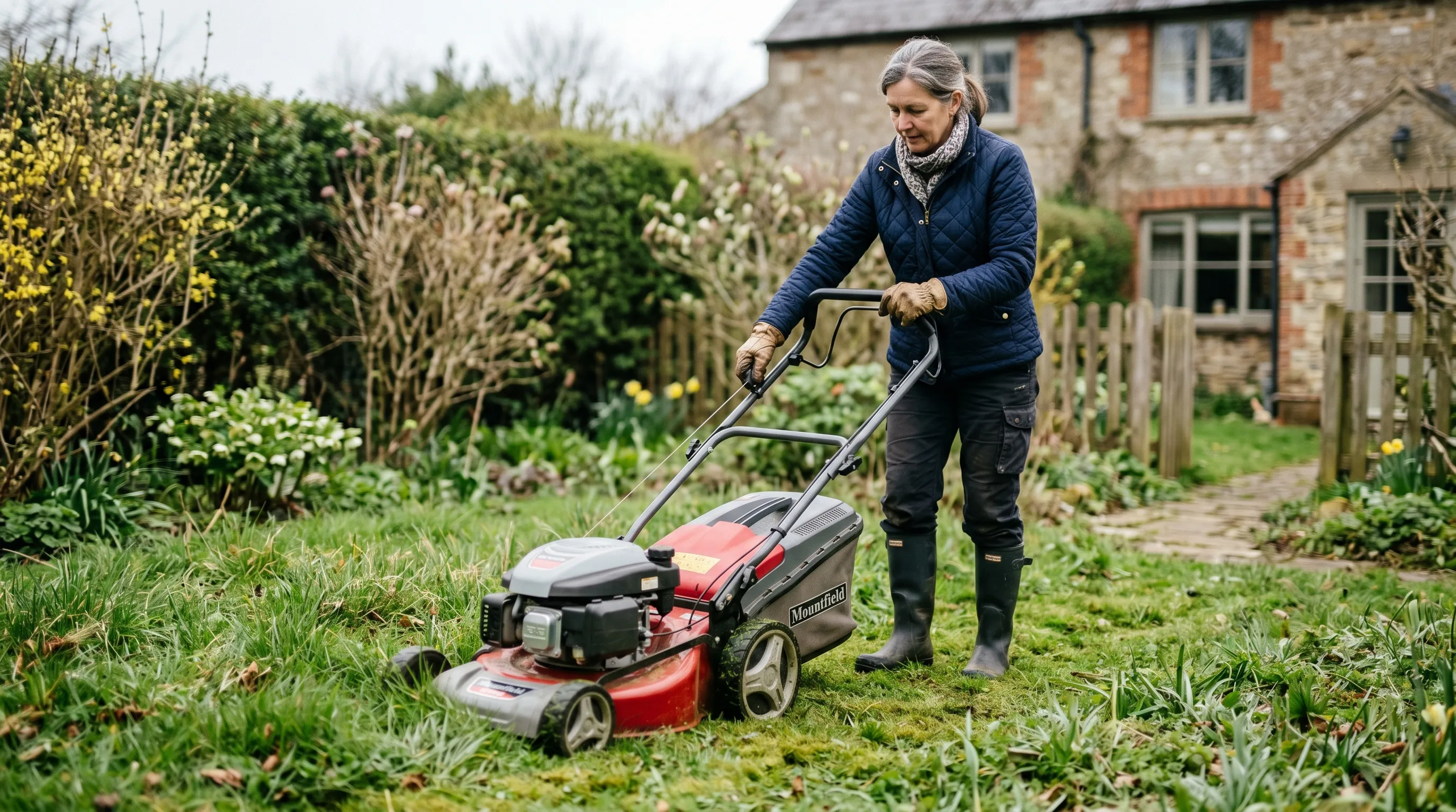 A UK back garden lawn in early March showing the gardener about to make the first cut of the year with a rotary mower set to high blade height