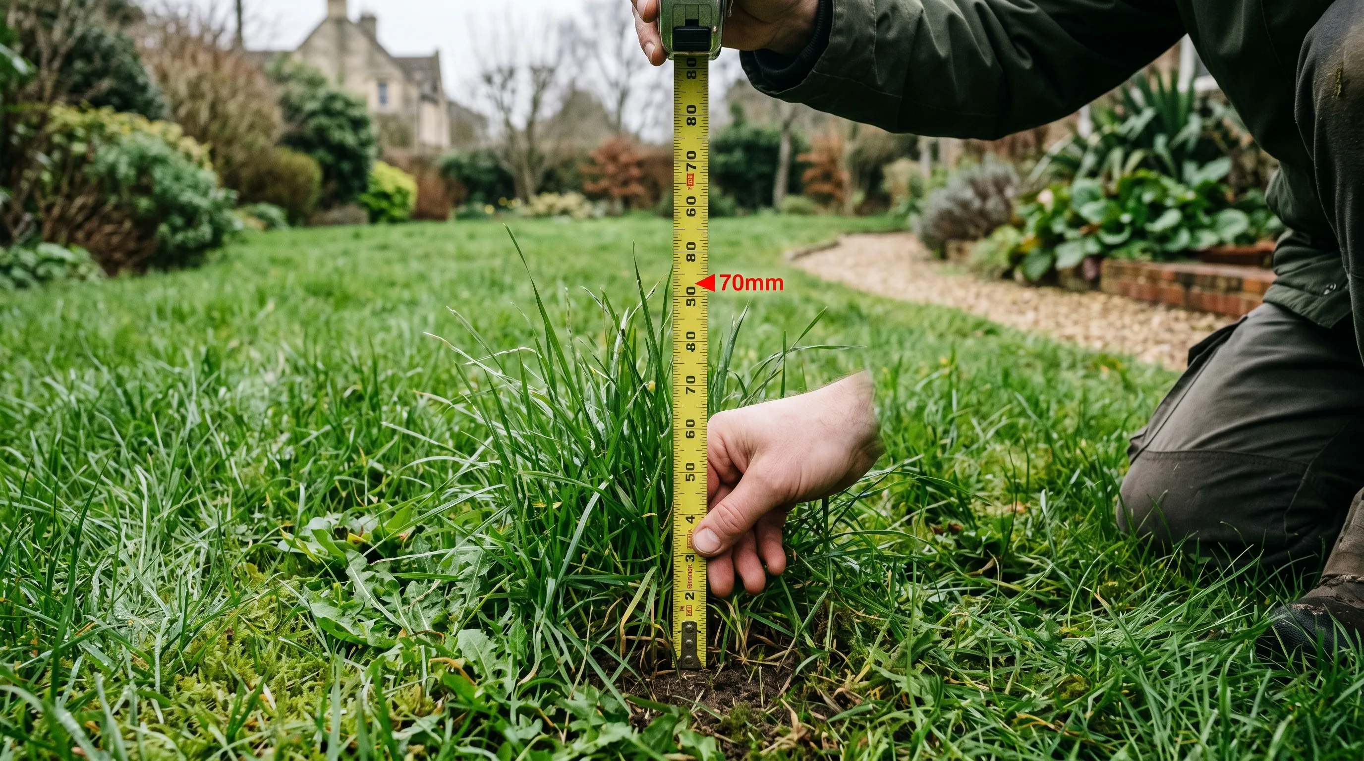 A UK lawn in mid March showing 70mm tall winter-grown grass with a tape measure held against the grass to confirm height before the first cut