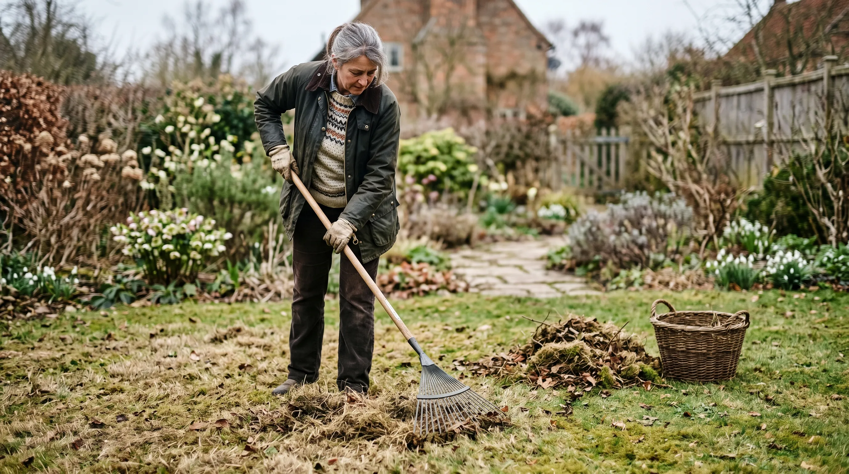 A UK gardener lightly raking dead winter material from a lawn with a fan-shaped lawn rake in early March, with a small pile of brown debris collected to one side