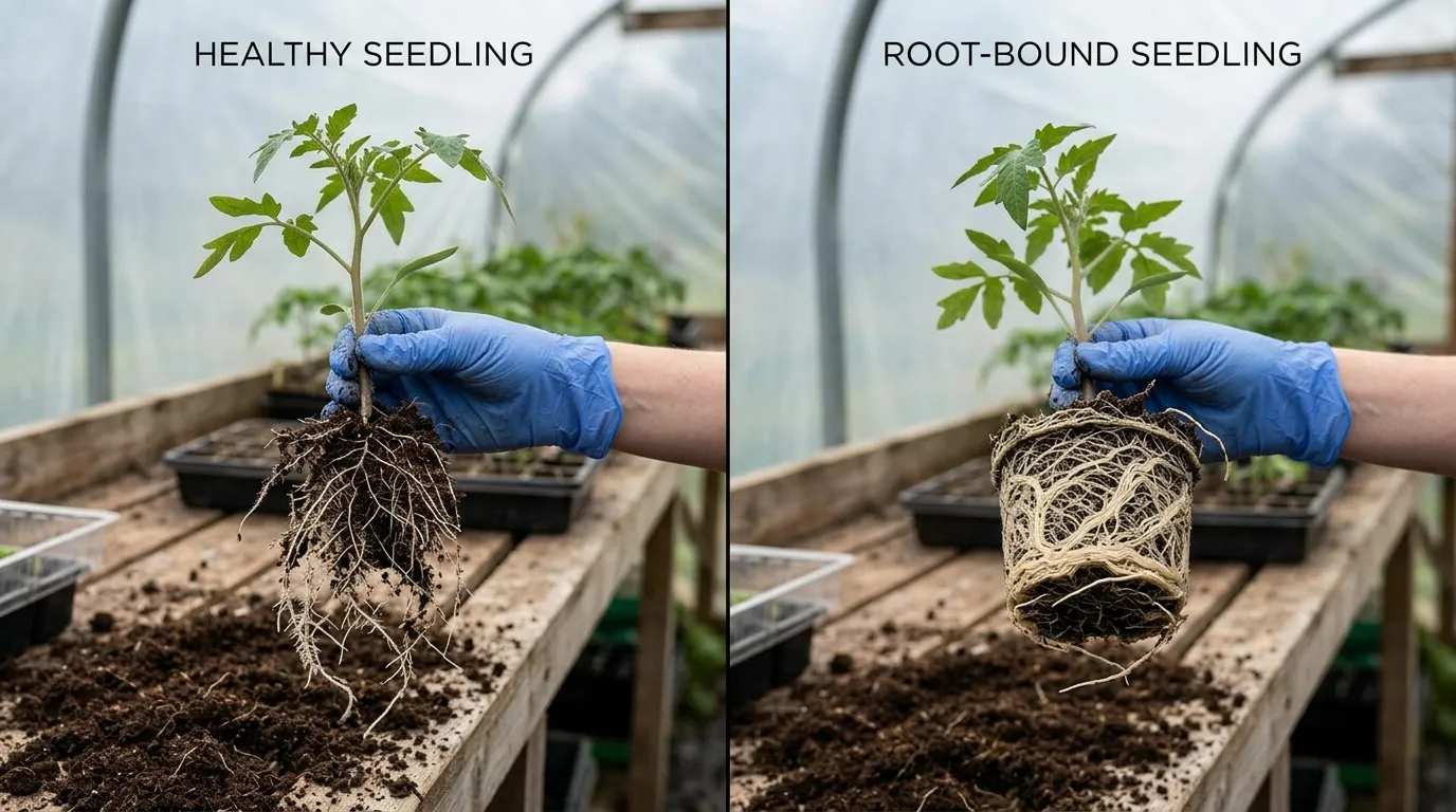 Split frame comparison of healthy seedling roots versus root-bound seedling roots on a UK potting bench