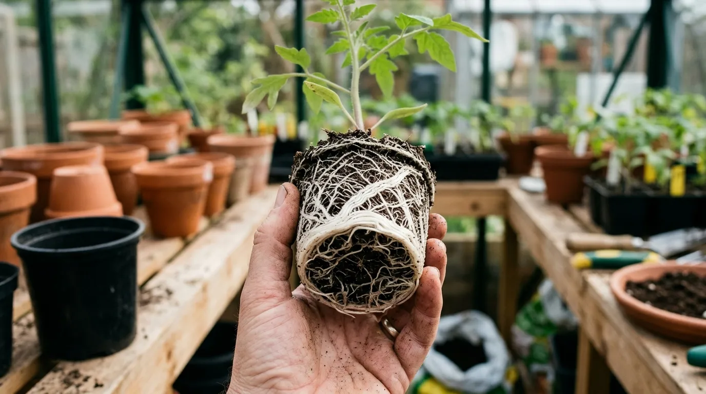 Diagnostic shot of a tomato seedling root ball lifted from a black plastic pot showing dense white circling roots