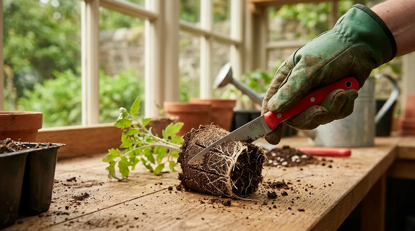 Gloved hand making four vertical knife cuts on a root-bound seedling root ball with a Felco knife