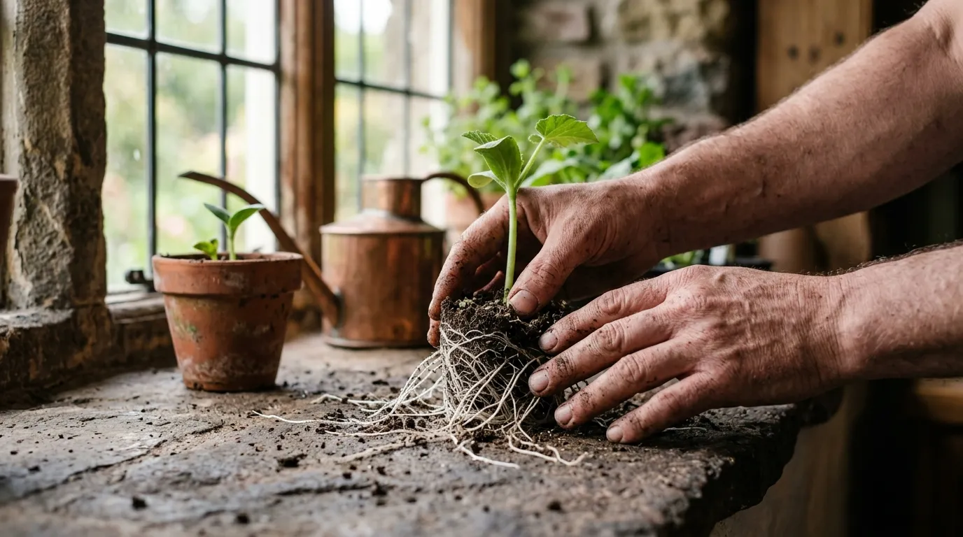 Fingers gently pulling apart a courgette seedling root ball at the base before planting
