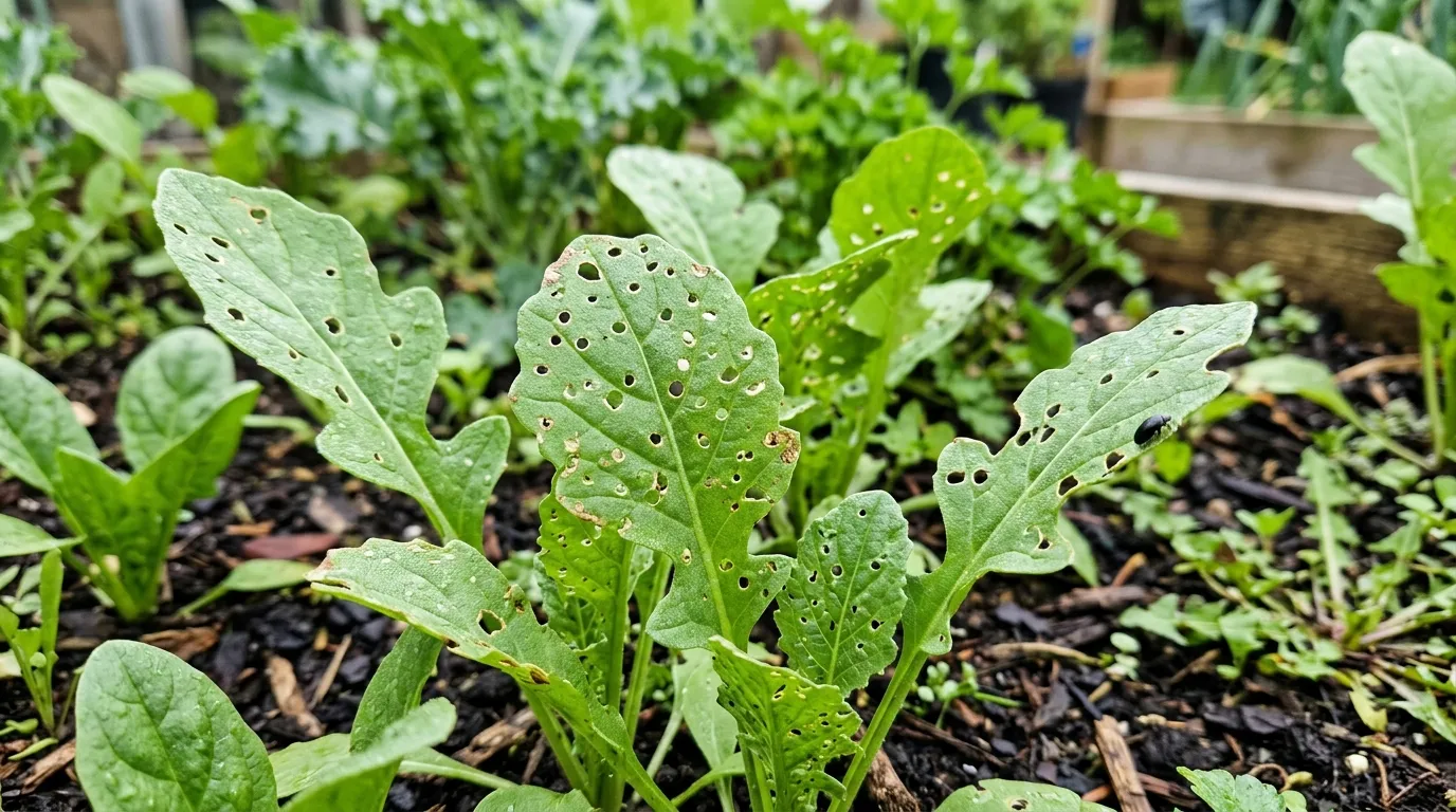 Flea beetle holes in rocket leaves in a UK vegetable garden