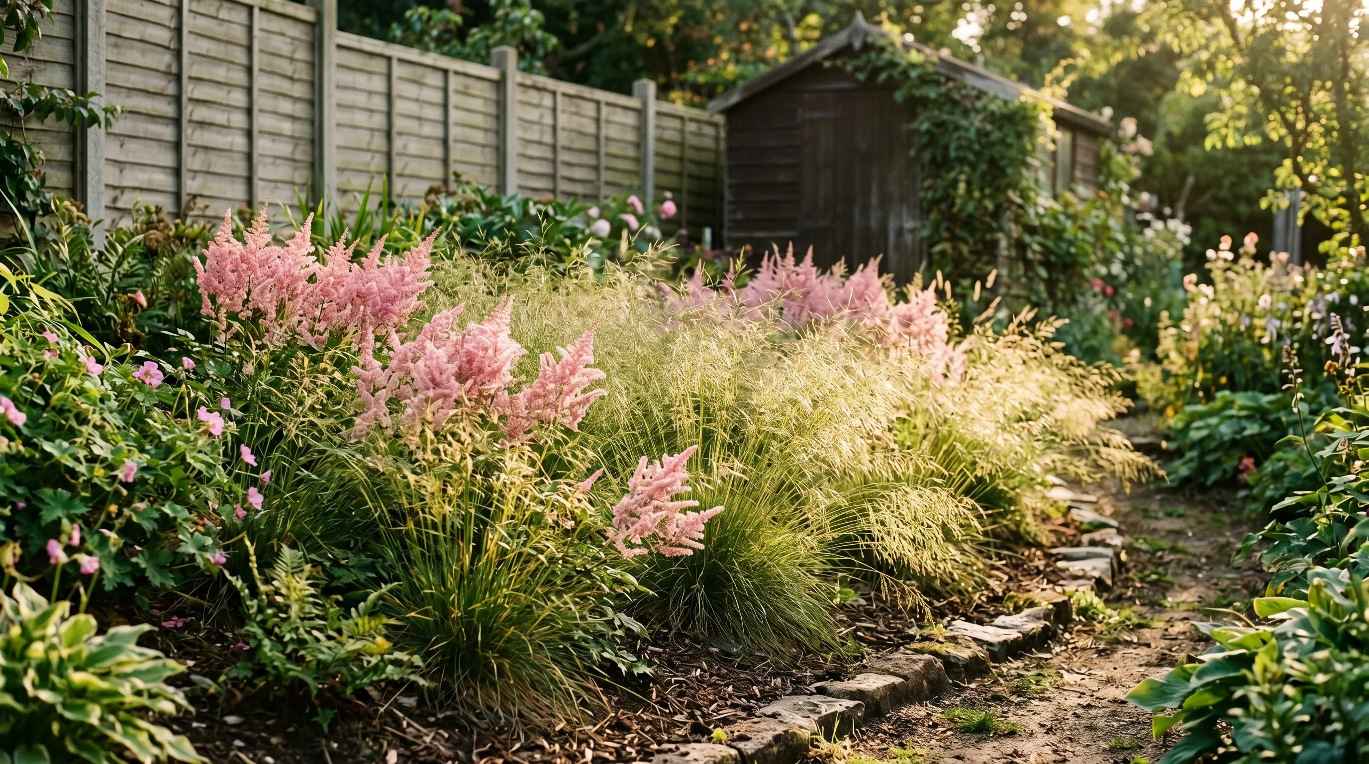 Editorial photograph of feathery pink Astilbe and ornamental Deschampsia grass massed on the planted slope of a suburban back-garden rain garden