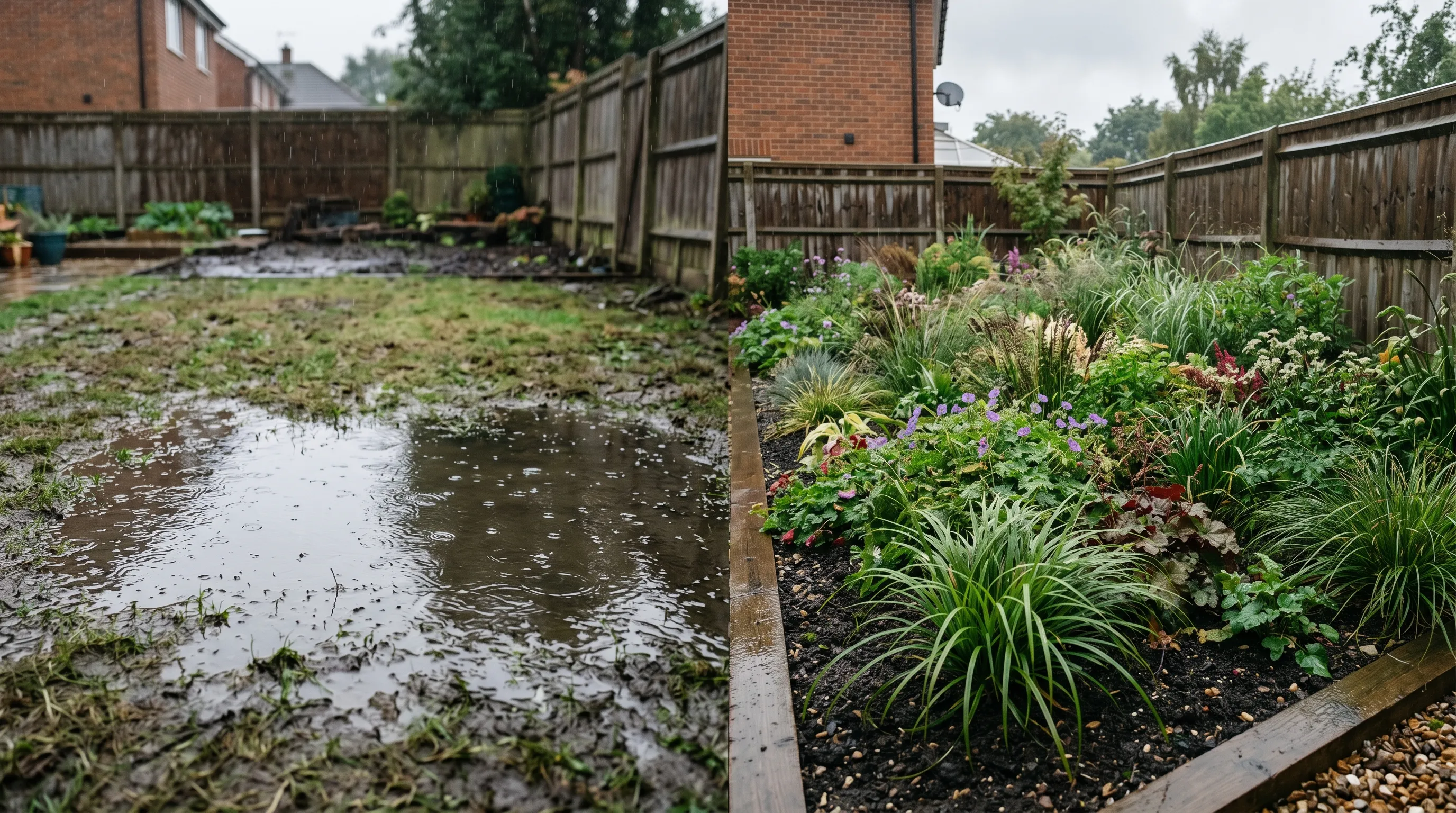 Side-by-side comparison of a bare waterlogged UK lawn holding standing water beside a densely planted infiltration bed soaking up rain