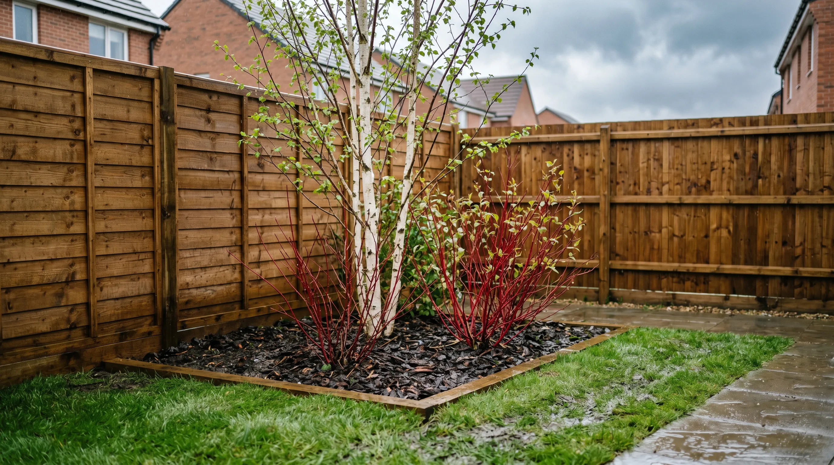 Multi-stem birch and red-stemmed dogwood planted in a damp corner of a new-build UK back garden to soak up roof run-off