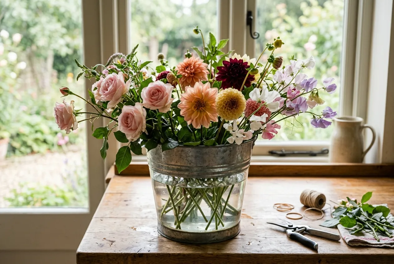Flower arranging conditioning stems in a bucket of water on a kitchen counter