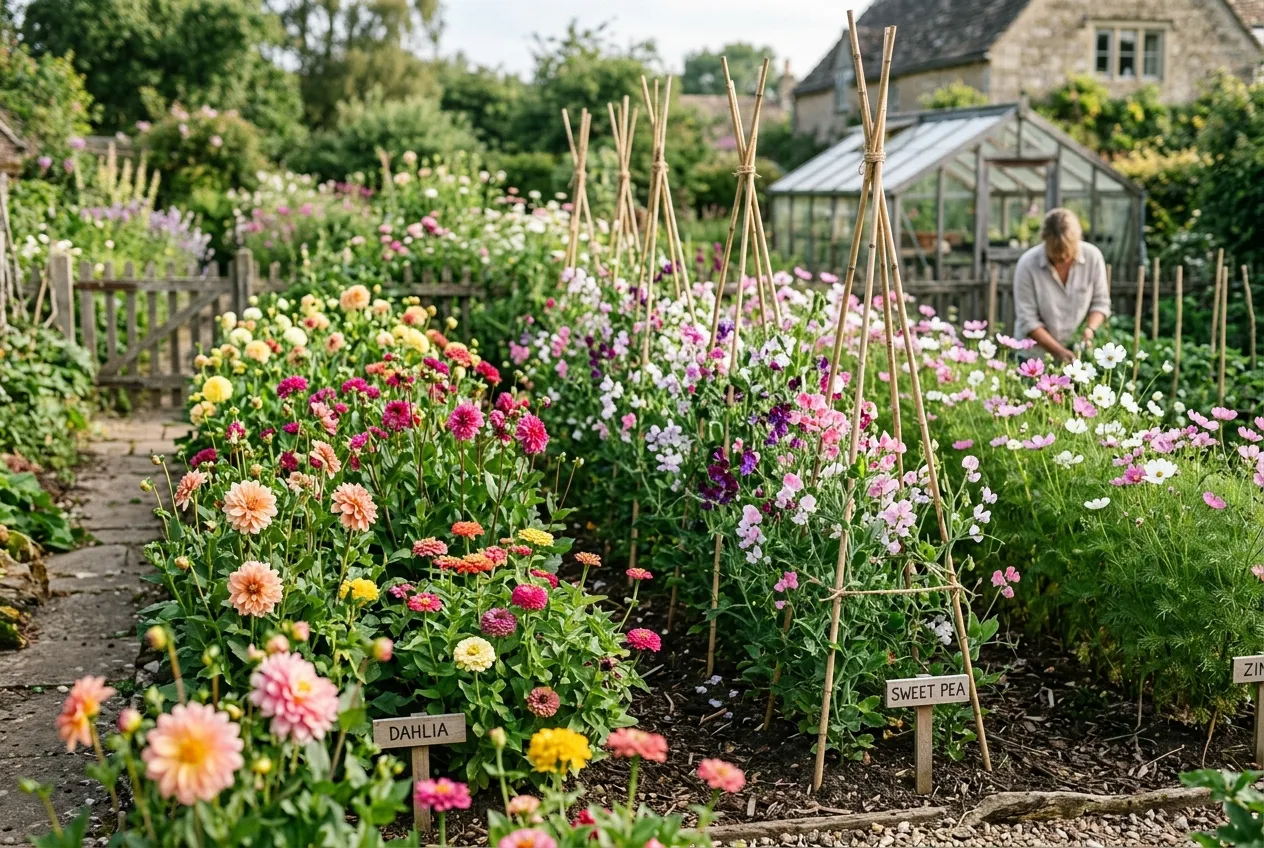 Flower arranging cutting garden with rows of dahlias sweet peas and cosmos in a UK garden