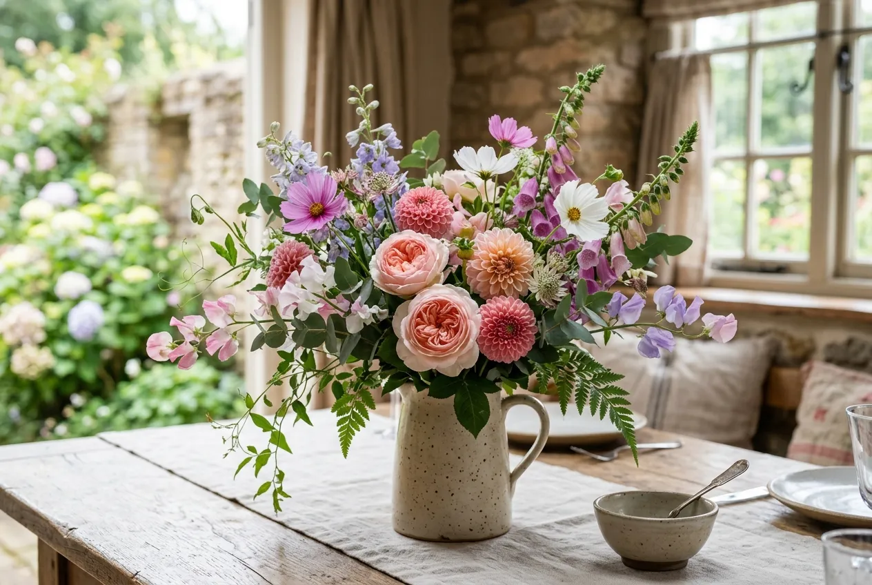 Finished flower arranging display in a jug with mixed garden flowers on a cottage dining table