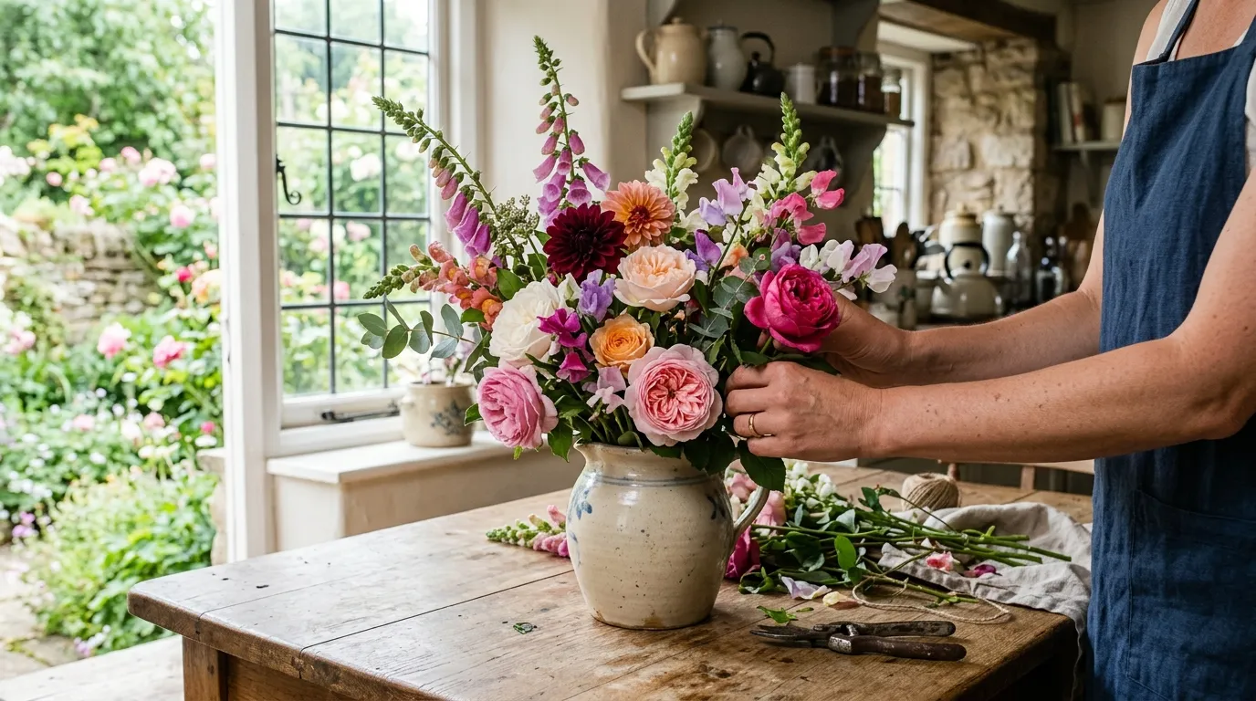 Flower arranging with freshly cut garden roses dahlias and foxgloves in a ceramic vase on a rustic kitchen table