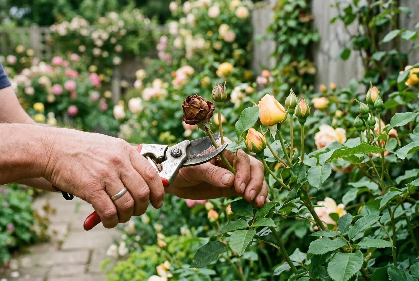 A gardener's hand using secateurs to snip off a brown balled rose bud from a rose bush in a UK garden