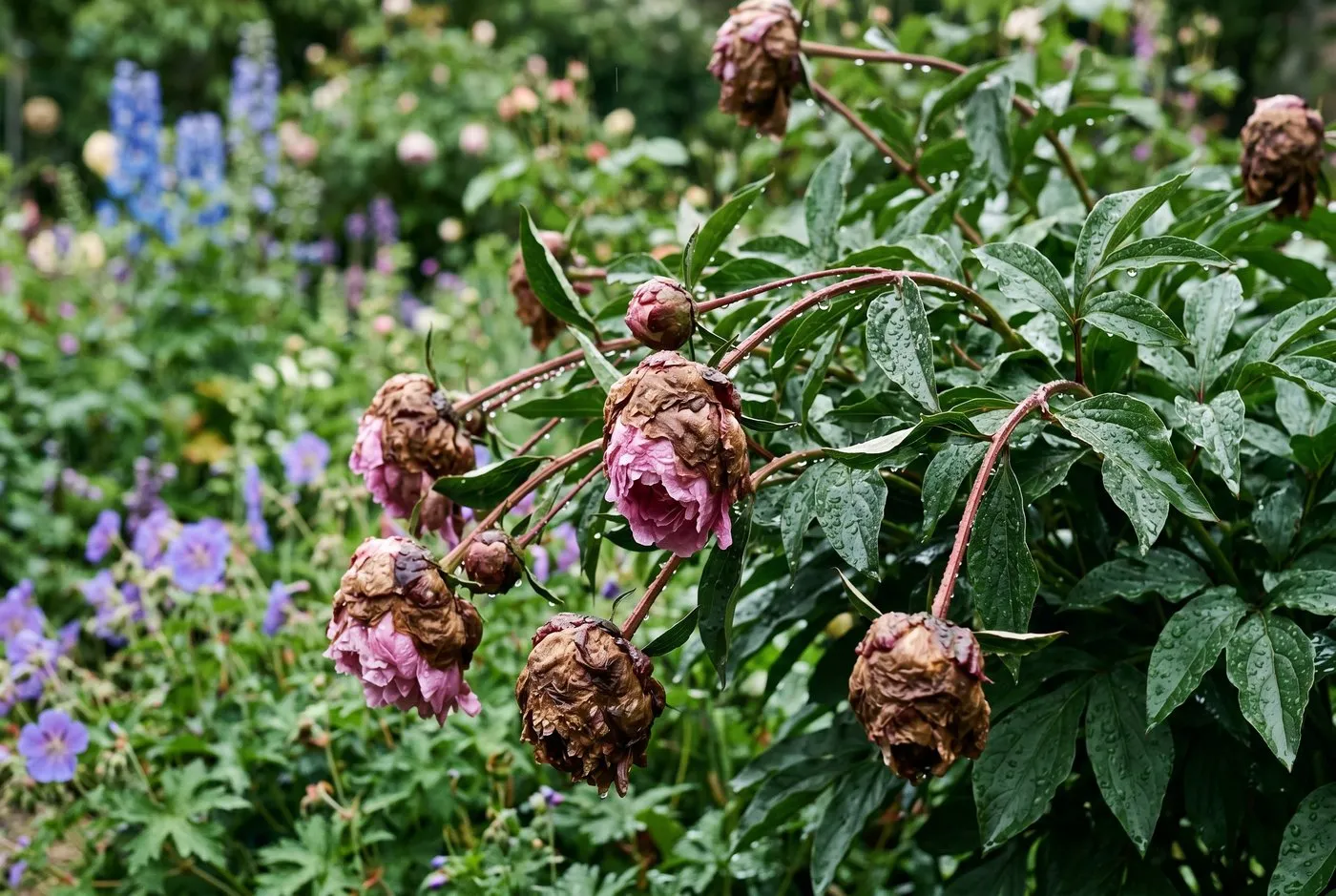 A UK cottage garden peony after wet weather with several large pink double buds browned and failed to open, drooping on the stems