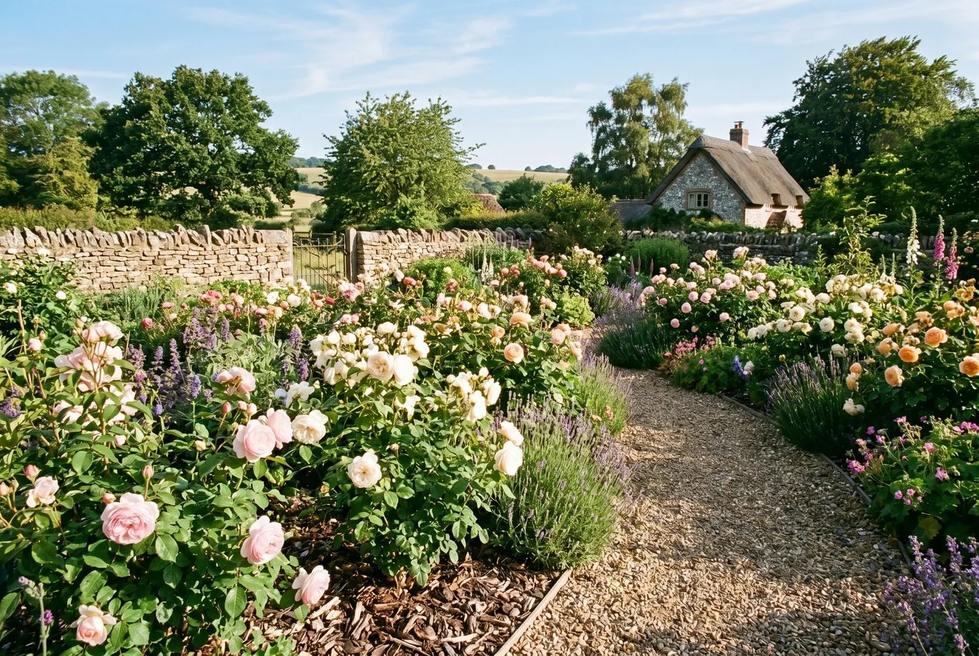 A well-spaced open sunny rose border in a UK garden catching early morning light with good airflow between the plants