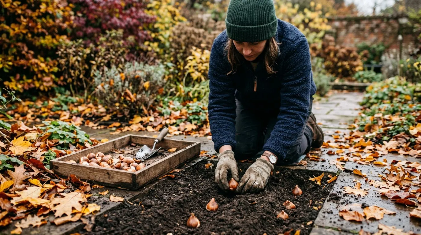 Gardener planting flower bulbs in a prepared border in late autumn with fallen leaves