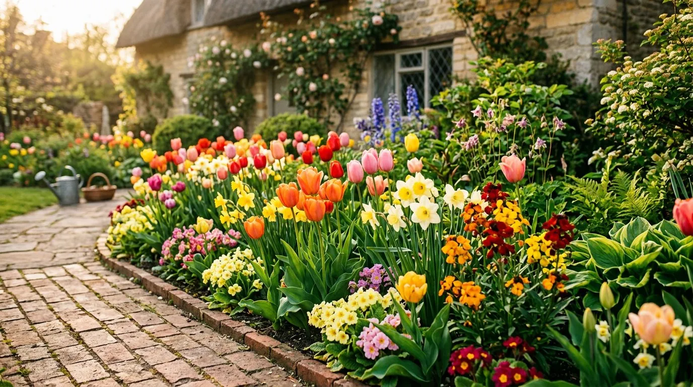 Colourful mixed flower border with tulips, daffodils and primroses in a sunny English cottage garden