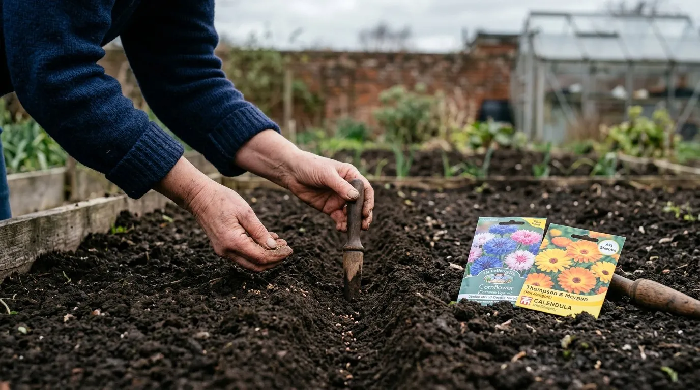 Hands sowing flower seeds into prepared soil with seed packets of cornflowers and calendula