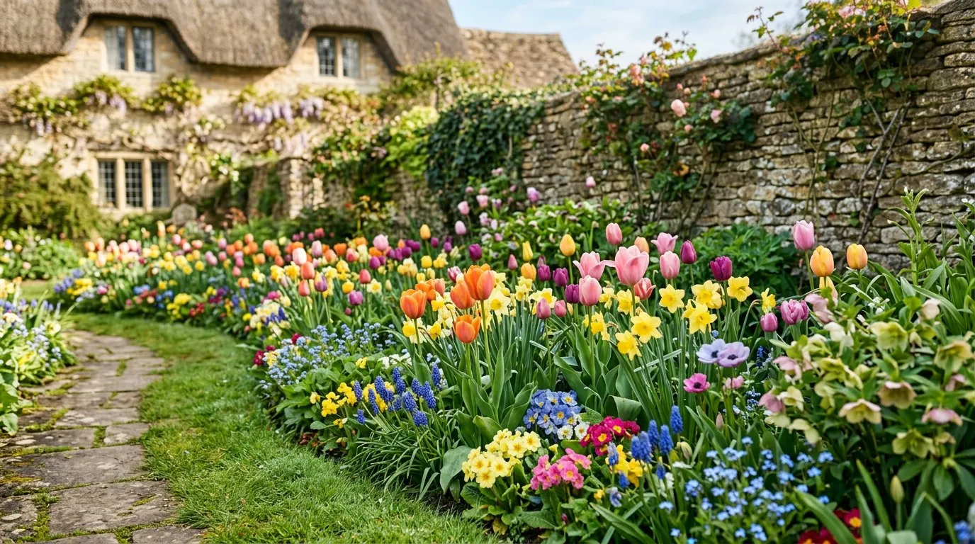 Colourful spring flower border with tulips, daffodils and primroses in an English cottage garden